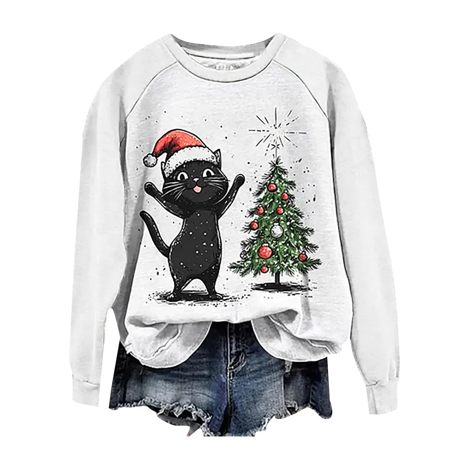 Женский свитшот с принтом Christmas Tree Funny Cat Say What Woman Pullover, Z12 White — фото 3