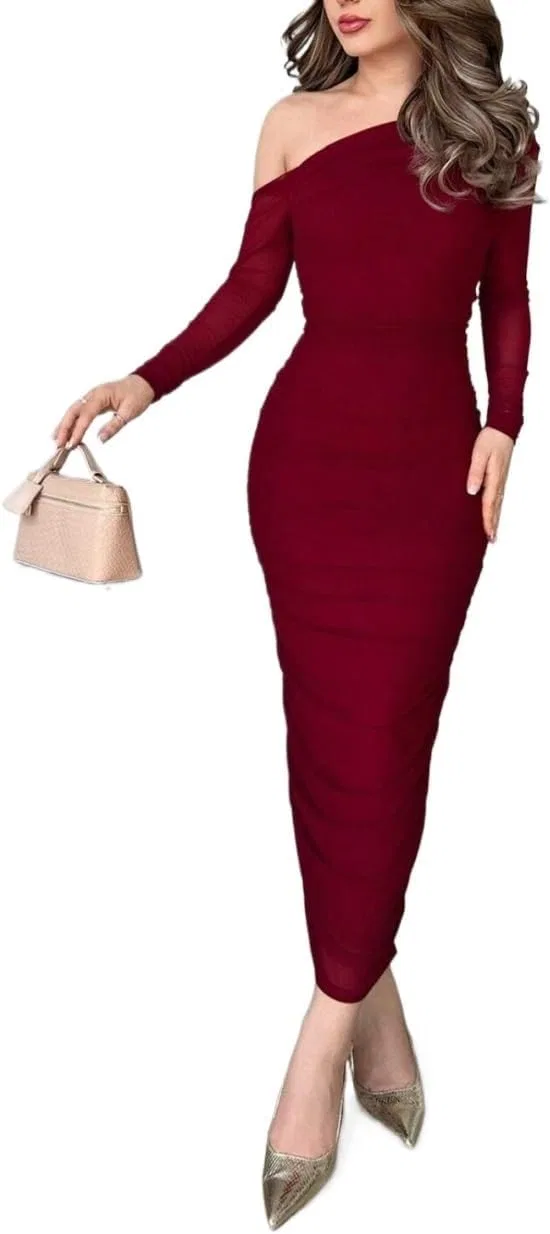 Женское элегантное платье миди с асимметричным вырезом Bodycon, Burgundy