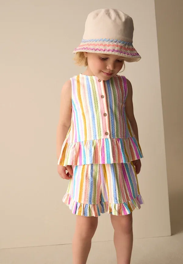 Комплект блуза и брюки с полоской, Regular fit - peplum set - blouse, Next, Розовый, Синий, Радуга, Полоска — фото 2