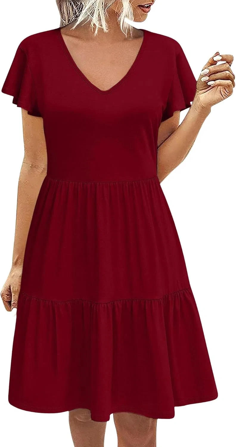 Женское повседневное платье с рюшами V-образным вырезом, Wine Red