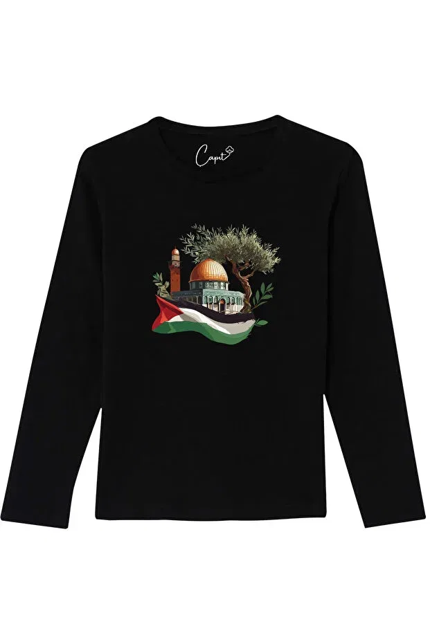 Детская футболка для девочек с принтом Cotton lu palestine jerusalem printed black long sleeve children's t-shirt Çapıt, Black