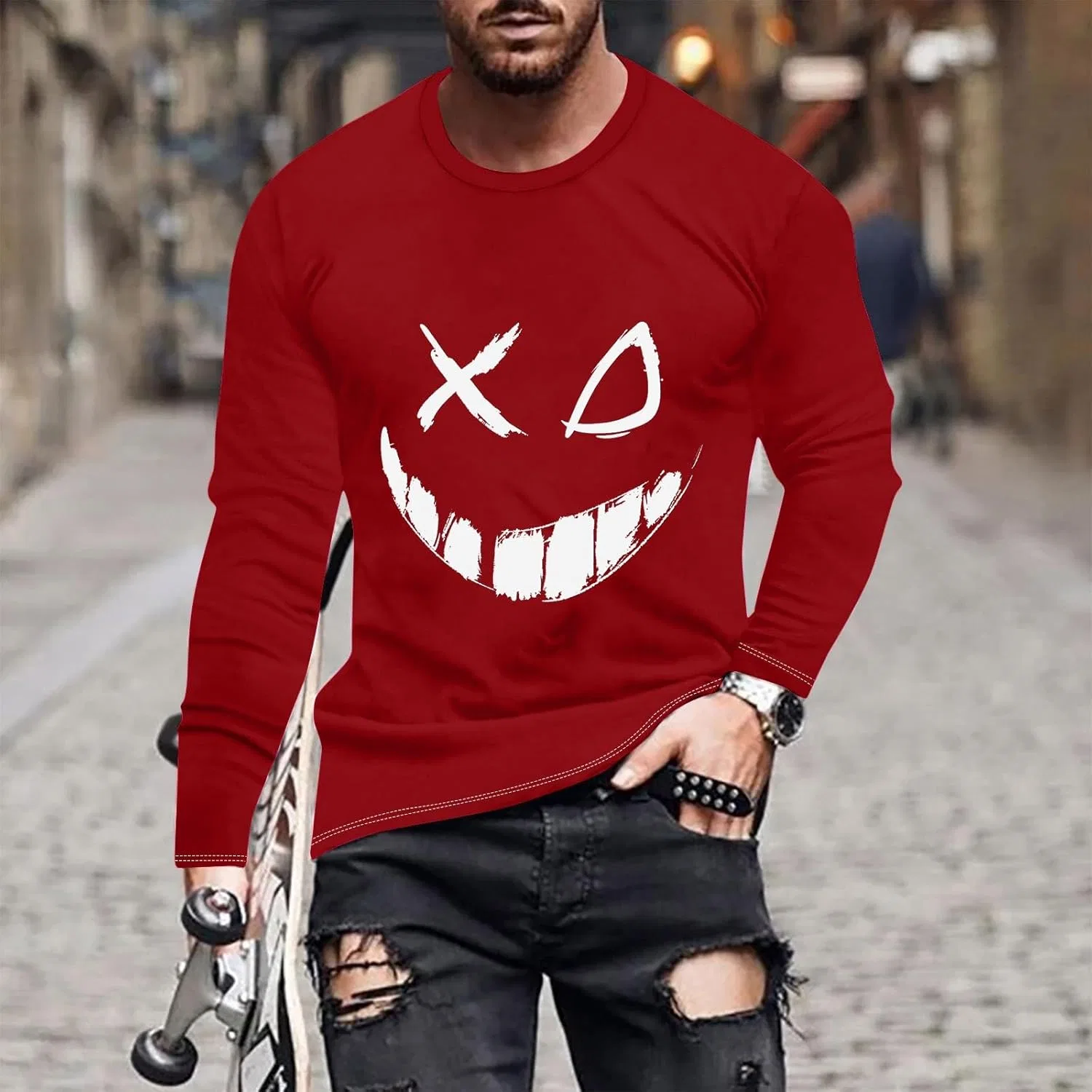 Мужская футболка с граффити X-Eye-Face, Long Sleeve, Red — фото 2