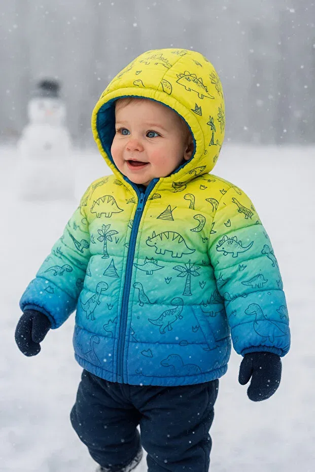 Детское пальто для мальчиков с принтом Dinosaur patterned boy's coat with hood and fleece inside - skinny fit Vitrinmixmini, Blue