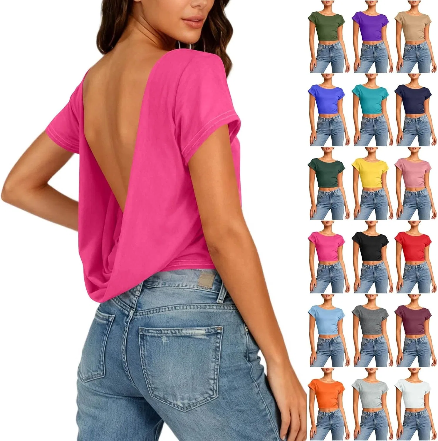 Женская свободная футболка с открытой спиной Crop Top, Hot Pink