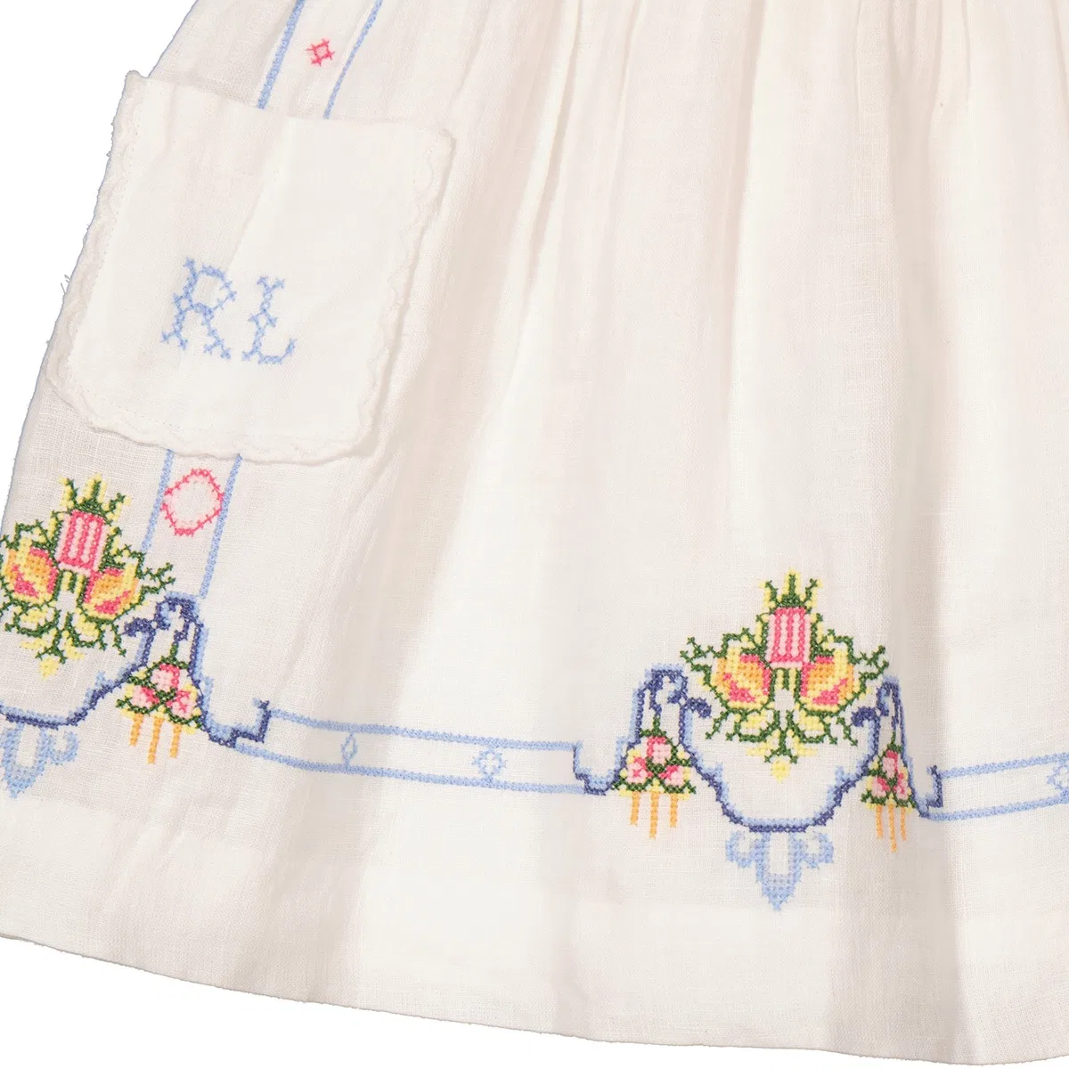 Платье-трапеция без рукавов с цветочной вышивкой Girls White Floral Embroidered Linen Dress Polo Ralph Lauren, White — фото 3