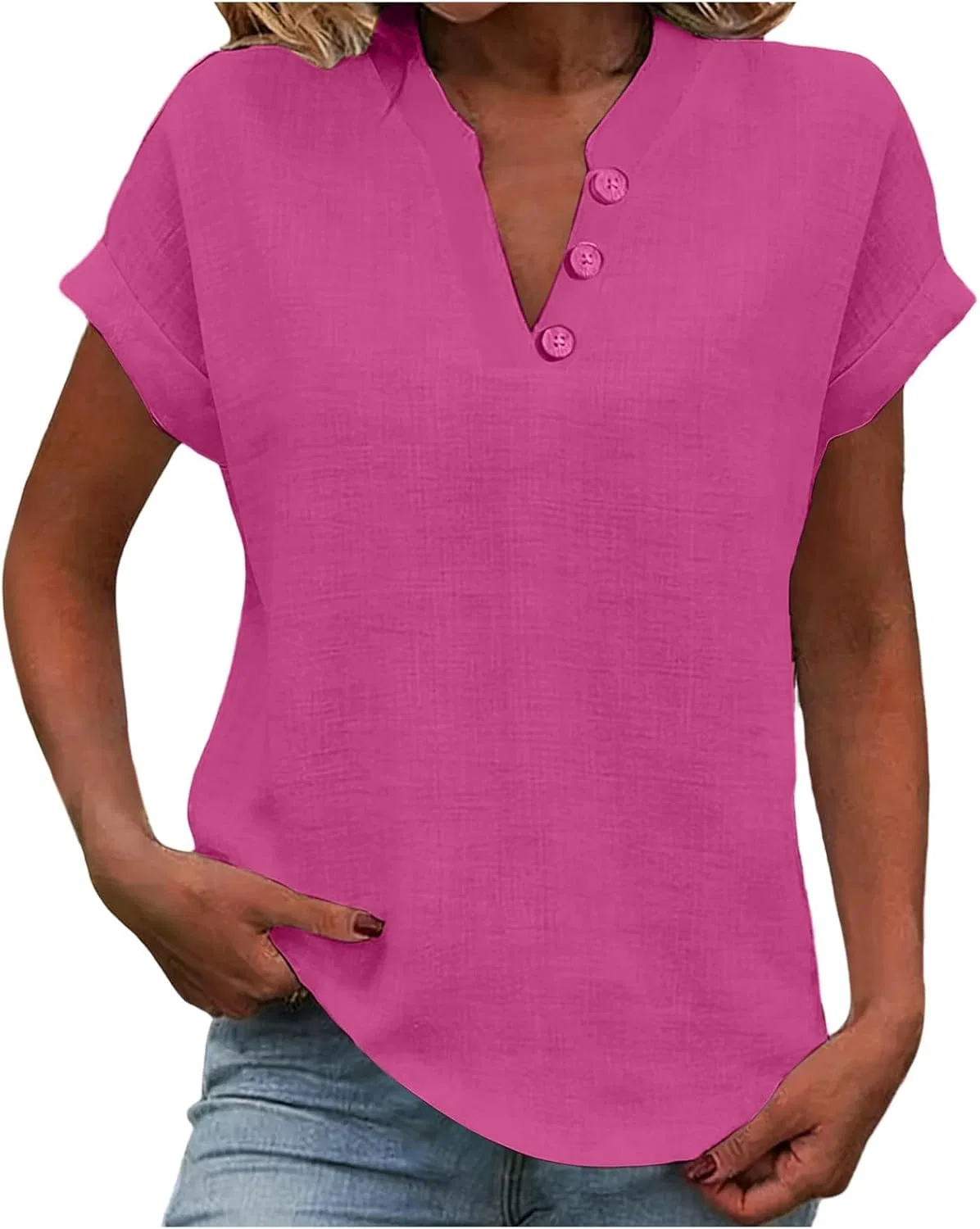 Женская льняная футболка с V-образным вырезом Cotton Linen, Pink