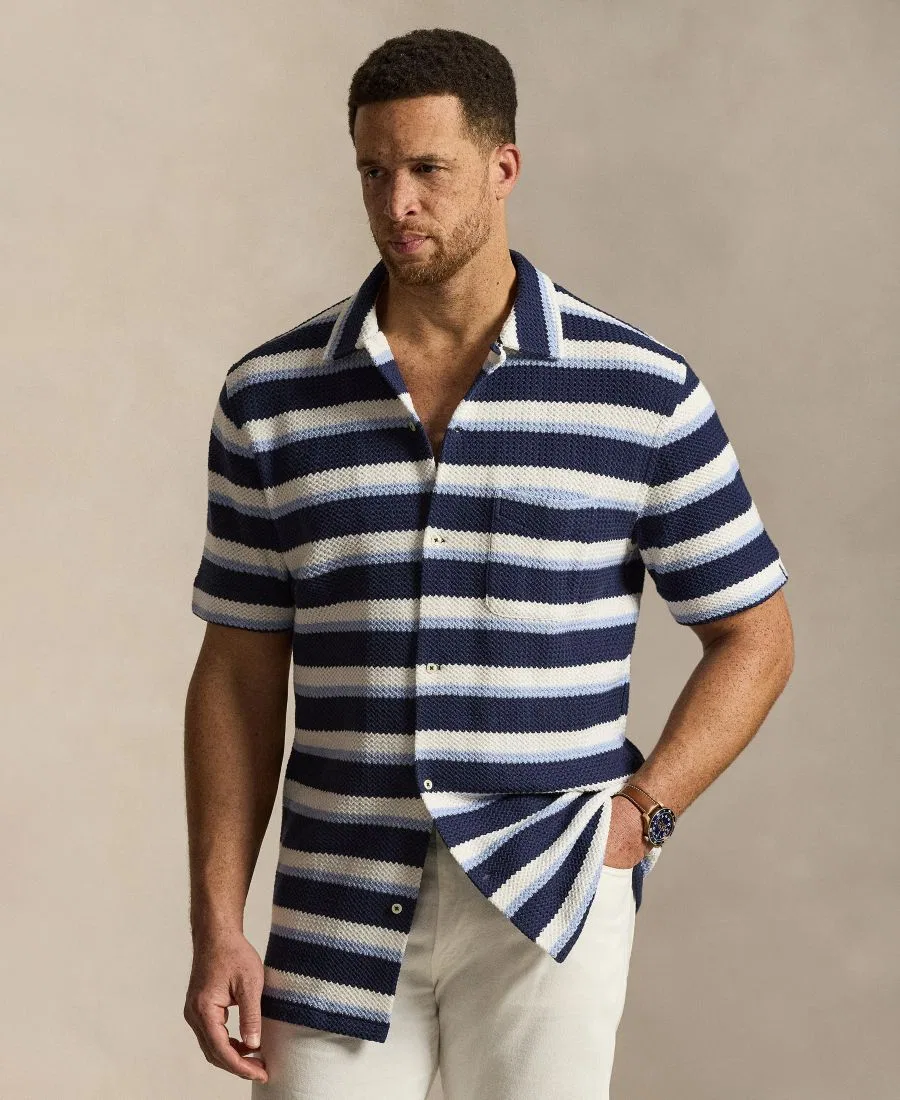 Мужская рубашка-поло с коротким рукавом и полоской, модель Camp Shirt Polo Ralph Lauren, Newport Navy Multi — фото 3