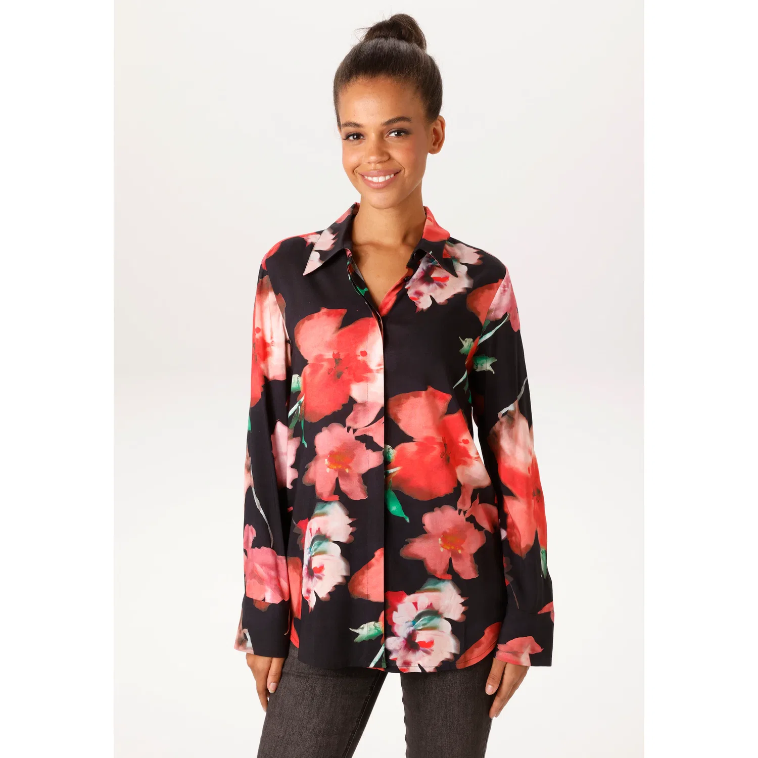 Женская блузка с батик-принтом Aniston CASUAL, Black/Red/Pink/Green/Apricot/Brown