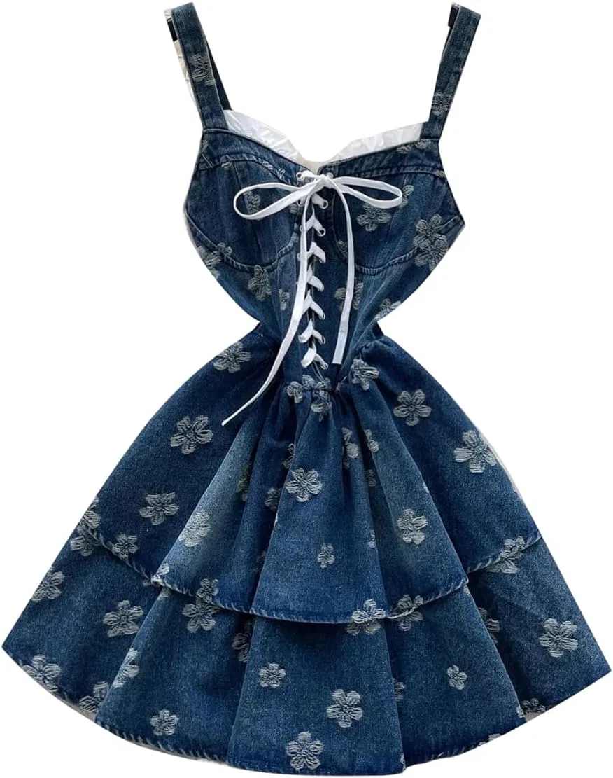 Женское мини-платье с цветочной вышивкой Spaghetti Straps, Blue