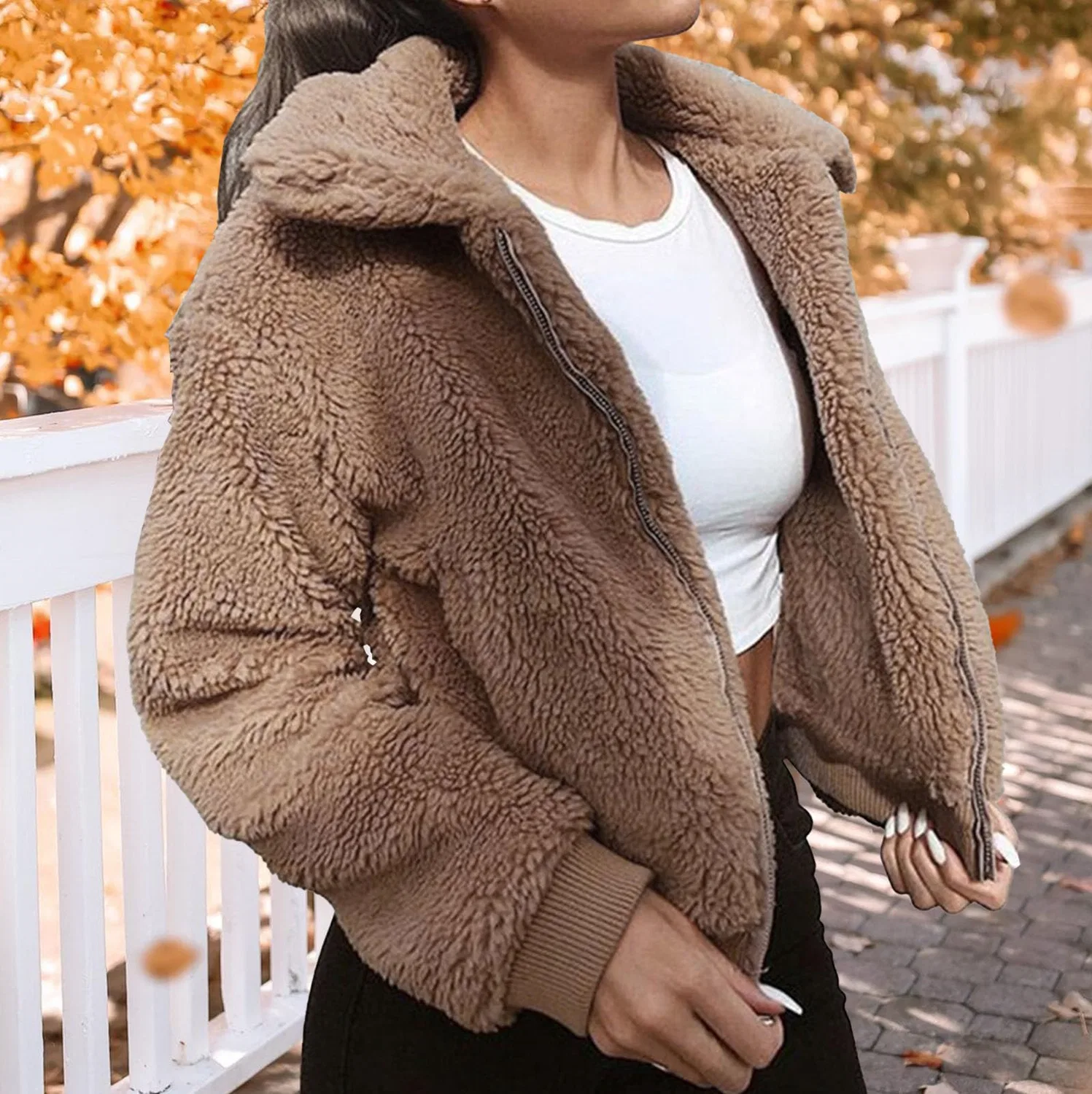 Женское короткое пальто из искусственного меха с принтом, dark khaki — фото 3
