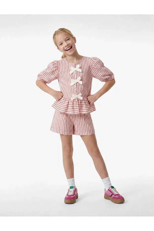 Детские шорты для девочек хлопковые Cotton pocket detailed striped shorts Koton, Pink Striped — фото 2