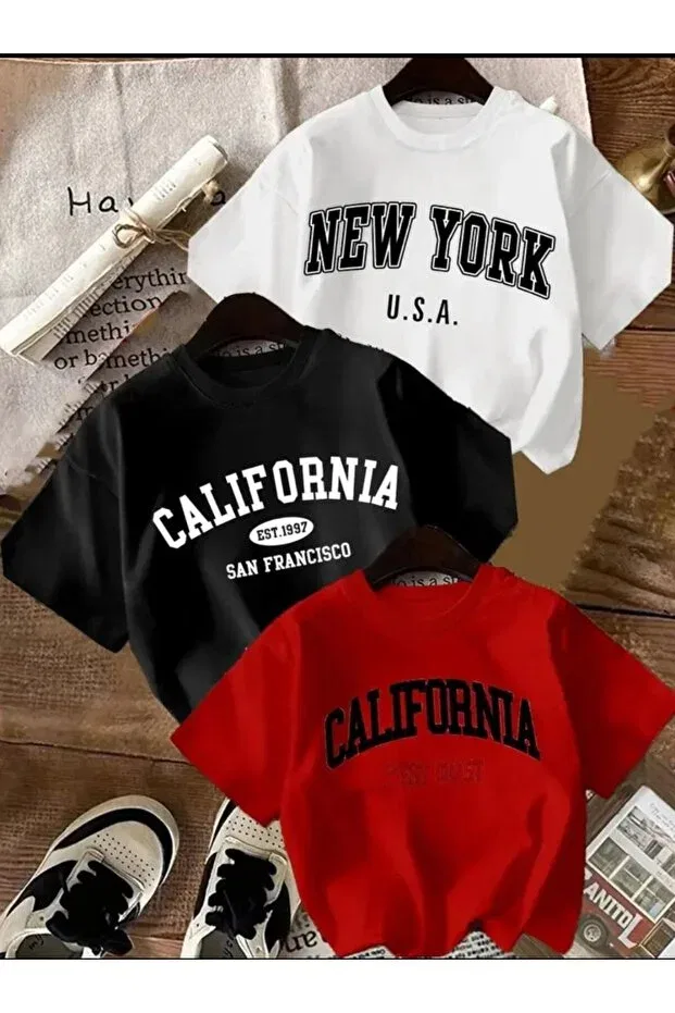 Детский комплект футболок оверсайз с принтом Elan Wear, Red+Black+White