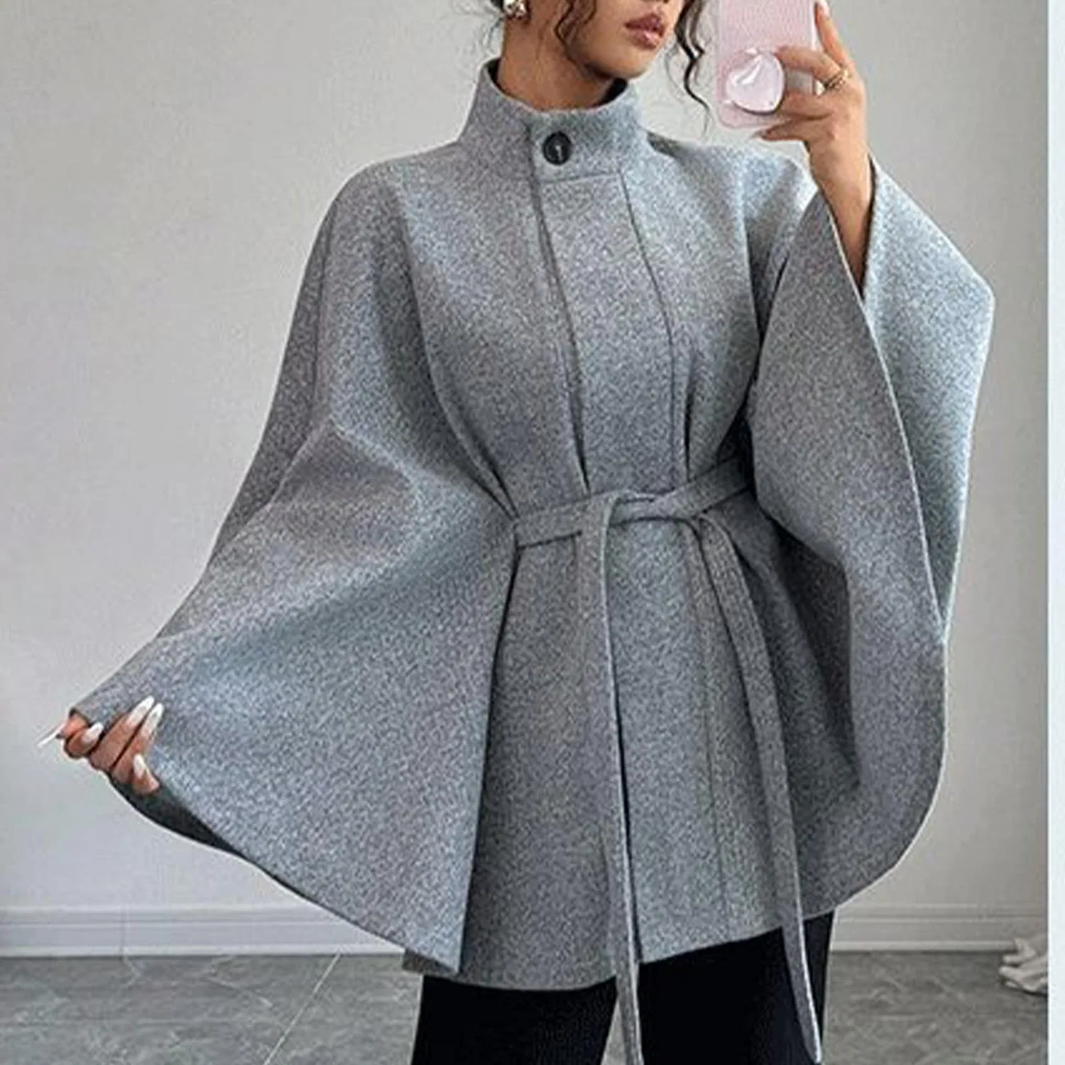 Женское пальто-накидка с рукавом-доломан и поясом, модель Neck Stand Belt Cape Cloak Coat, grey — фото 2
