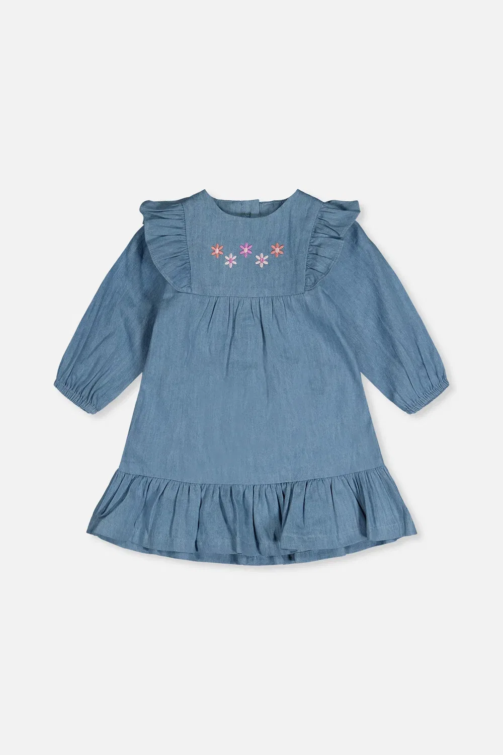 Детское платье для девочек с длинным рукавом с цветочной вышивкой Chambray Dress Deux par Deux, Light Blue Denim