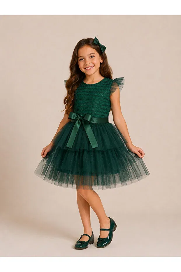 Детское платье для девочек с коротким рукавом Tutu Dress with Bow Detail Tinytrends, Green — фото 3