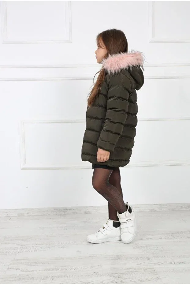 Детское пальто для девочек пуховое с капюшоном B&T, Khaki — фото 3