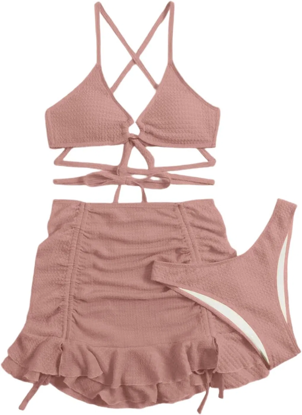 Женский бикини-комплект с воланами и мини-юбкой, Pink — фото 4