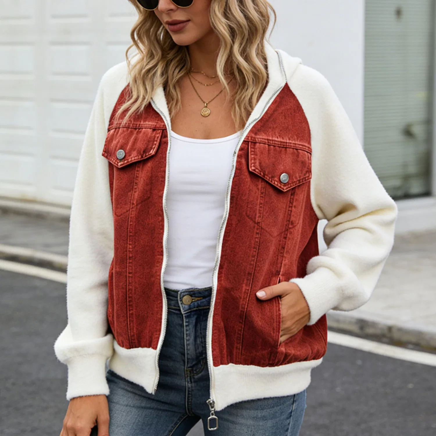 Женская джинсовая куртка-бомбер с принтом Varsity Baseball Jackets, Rosso Bianco — фото 3