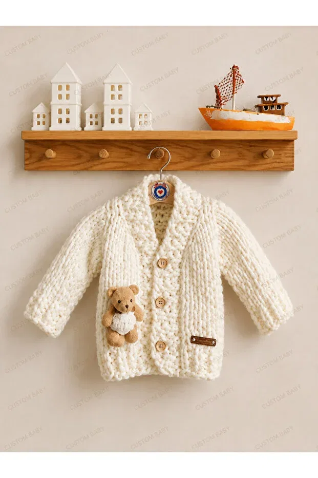 Детский кардиган с принтом Unisex baby cardigan with teddy bear detail, premium design, soft textured alize puffy El Örgüsü, White