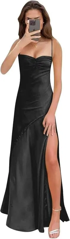 Женское вечернее платье-майка с разрезом Satin, Black