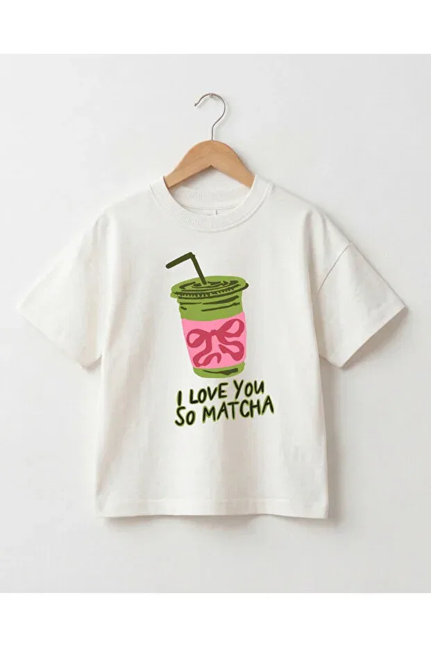 Детская футболка оверсайз с принтом I Love You So Matcha, Babytex, Ecru