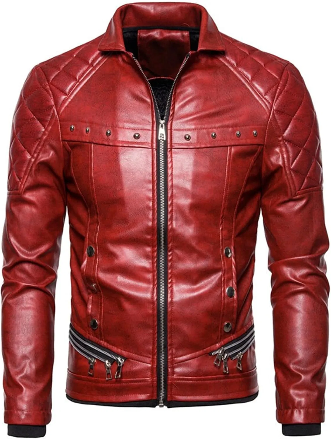 Мужская куртка из кожи с молнией и съемным меховым воротником, Steampunk Leather Jacket, красный — фото 3