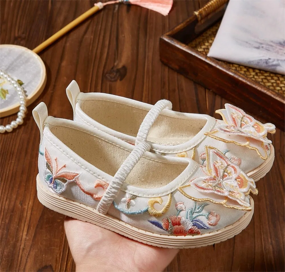 Детские туфли-балетки для девочек с вышивкой Hanfu kkdom, Beige Butterfly — фото 2