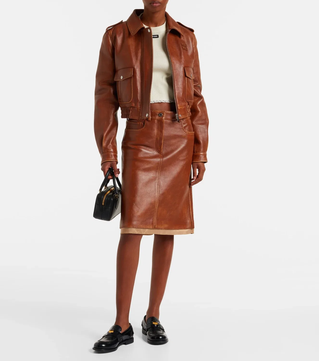 Укороченная футболка с кружевной отделкой Miu Miu, белый — фото 2