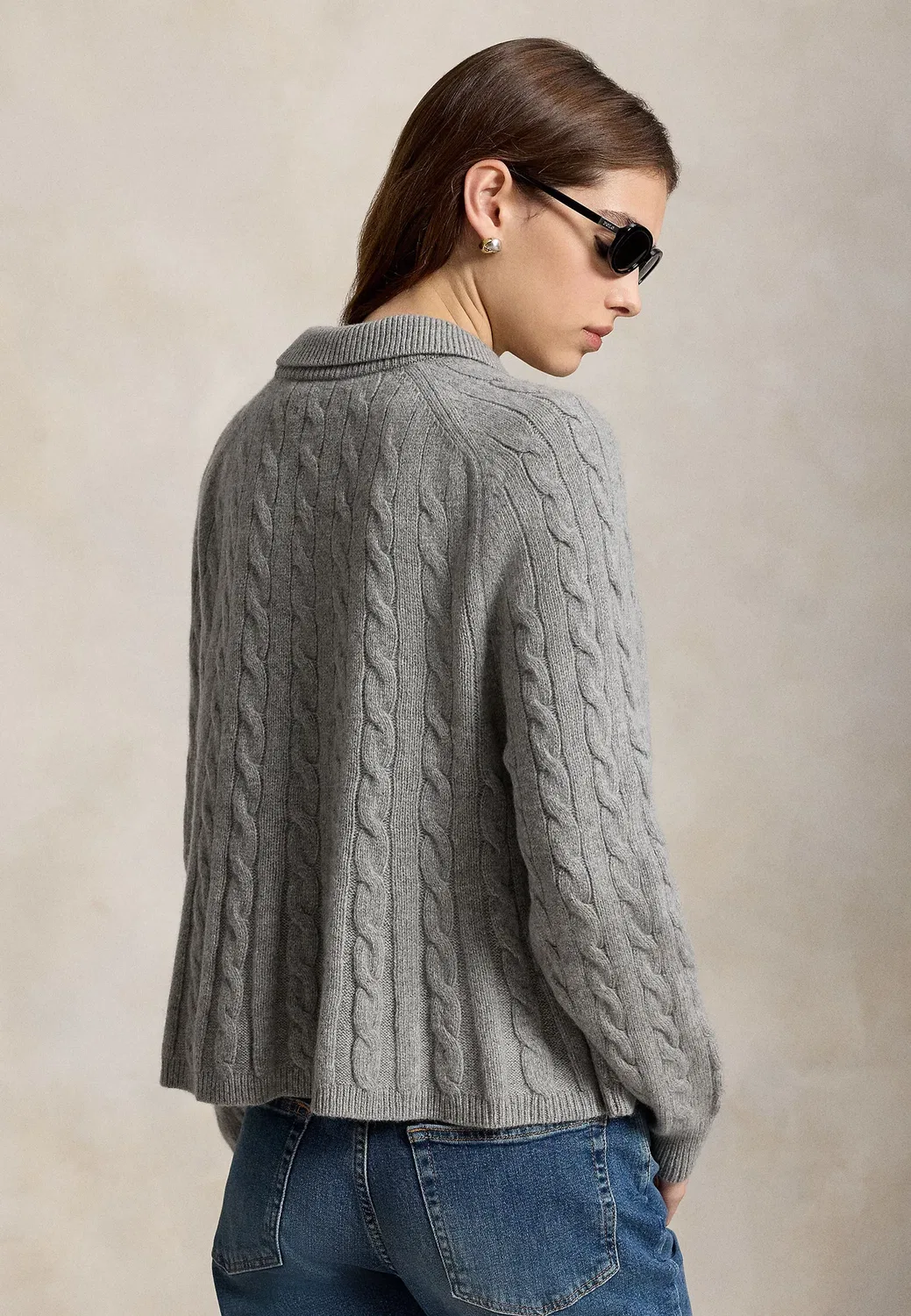 Свитер с баской из шерсти и кашемира с косами Polo Ralph Lauren, Outpost Gray — фото 3