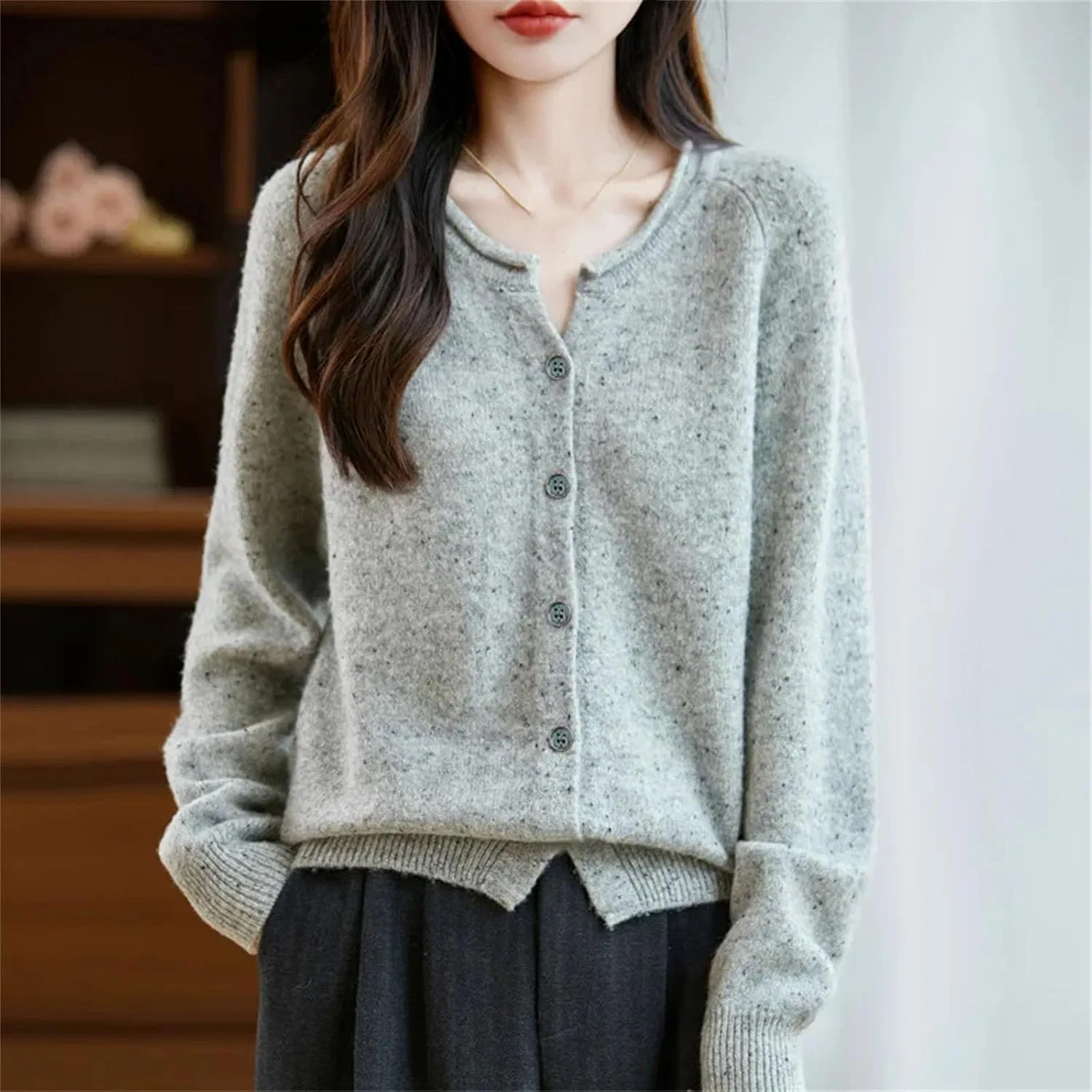 Женский кардиган из шерсти однобортный, модель Korean Coat, серый — фото 4