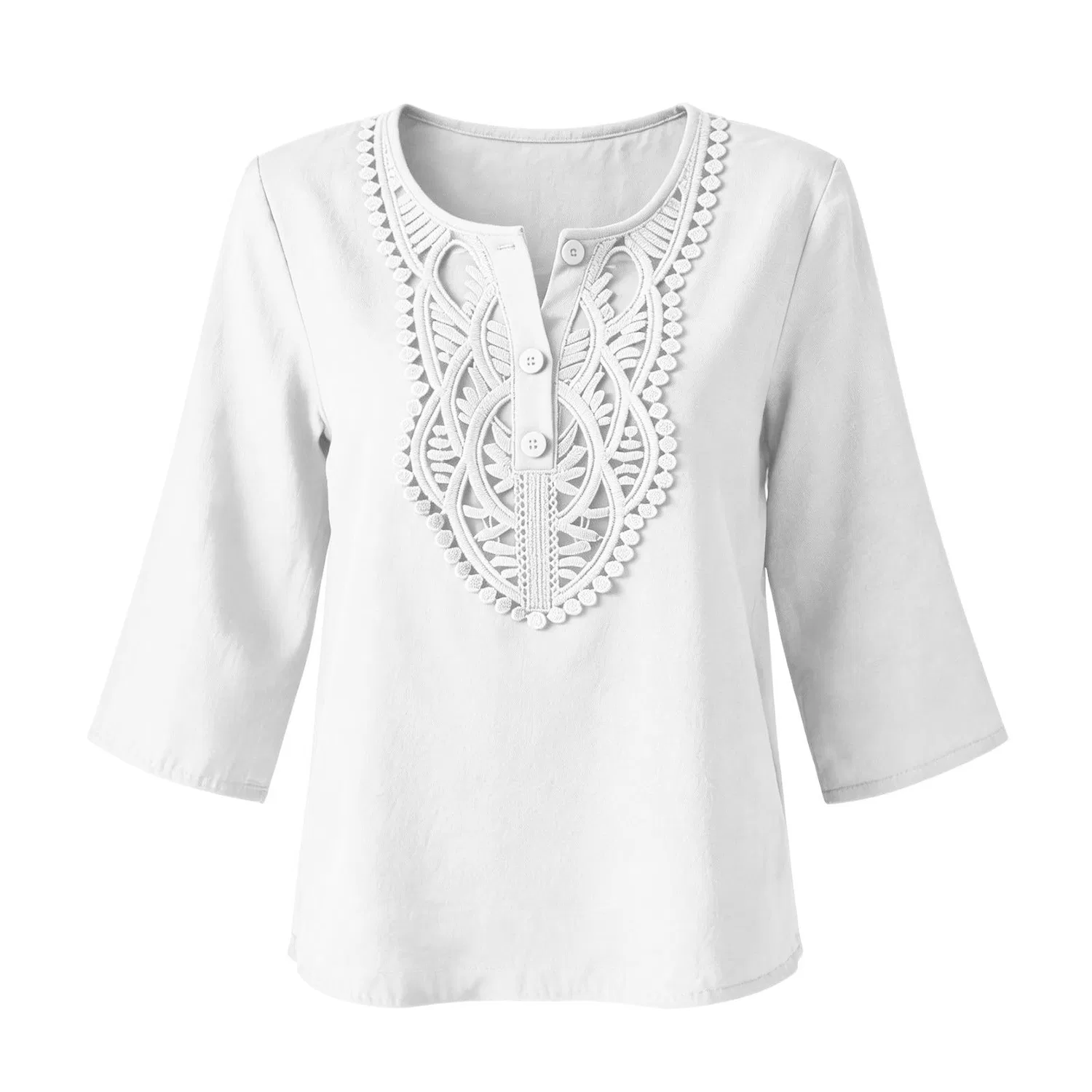 Женская льняная туника с вышивкой Retro 3/4 Sleeve Boho Casual Loose Fit Lightweight Summer Beach Blouse, A-white — фото 4