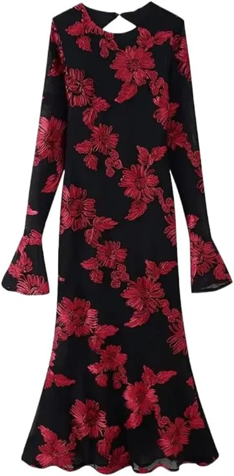 Женское платье миди с аппликацией ретро O-Neck Flare Sleeve, Black