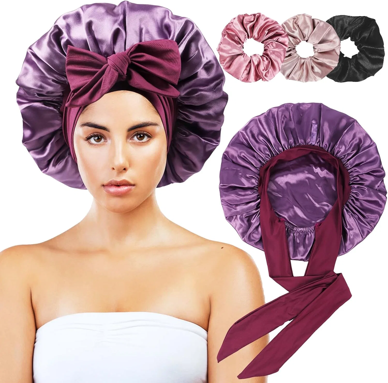 Шапочка для душа из атласа, Himoswis, 1 шапочка + 3 резинки, Plum