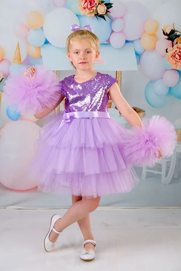 Детское платье для девочек с длинным рукавом Girl'S buckle pompom sleeve evening dress party birthday dress Delfini Kids, Lila — фото 3