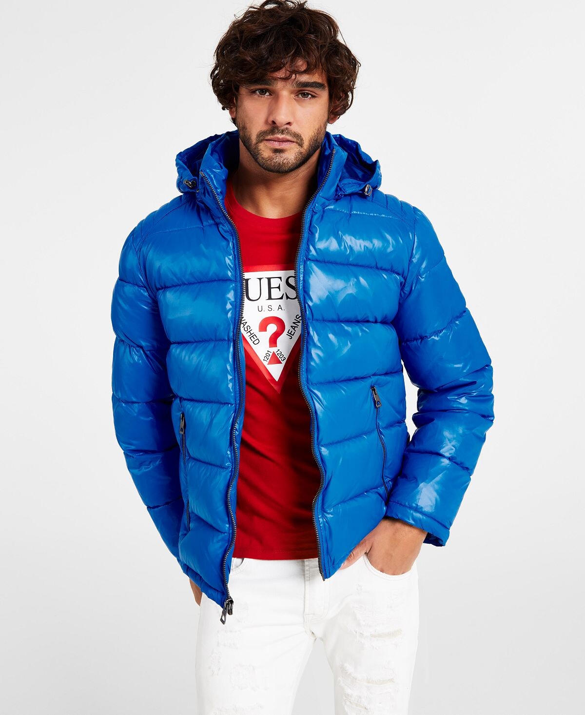 

Мужской пуховик с капюшоном GUESS, Синий, Мужской пуховик с капюшоном GUESS