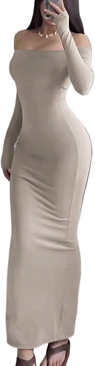 Женское длинное платье-бандо с длинным рукавом Bodycon, Beige