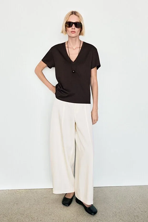 Женская футболка с V-образным вырезом Massimo Dutti, Brown — фото 2
