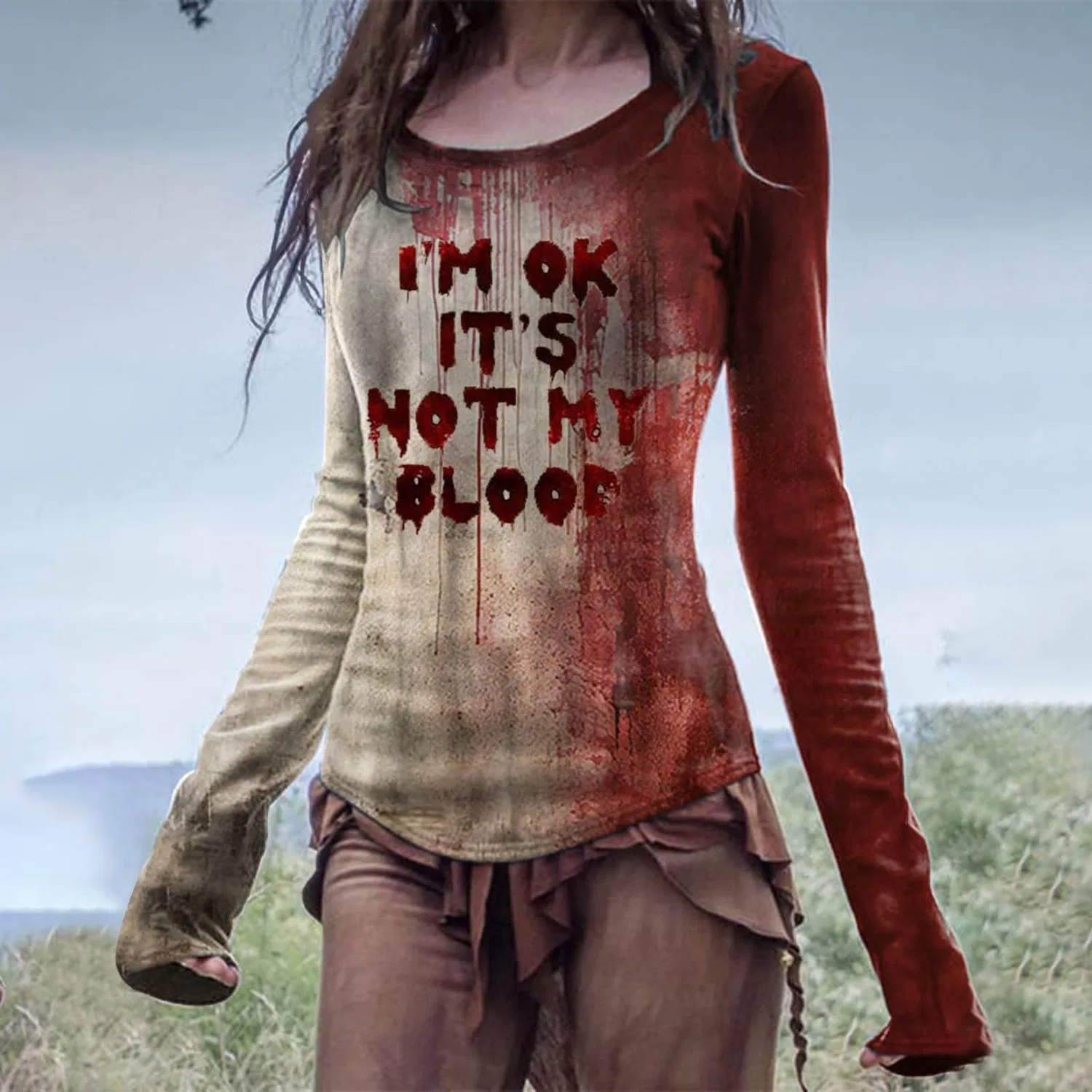Женский свитшот с принтом Halloween Costume for Women Bloody Pattern Round Neck Long Sleeve Hooded Long Sleeve Horror T-Shirt, Grey 2 — фото 2
