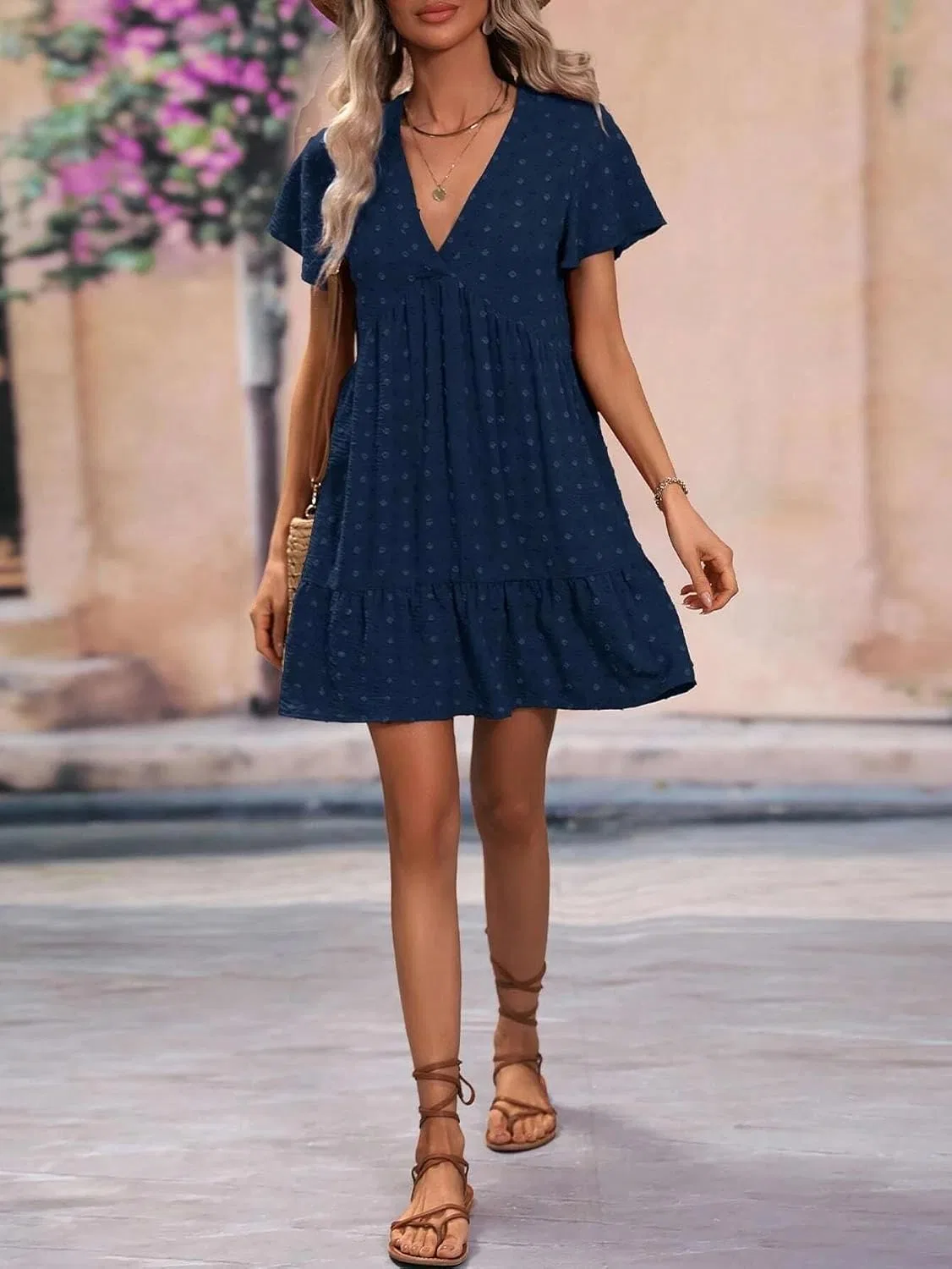 Женское пляжное платье с воланами V-образным вырезом, Navy Blue — фото 4
