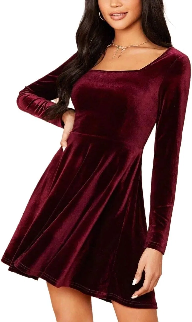 Женское короткое платье с квадратным вырезом Velvet, Burgundy
