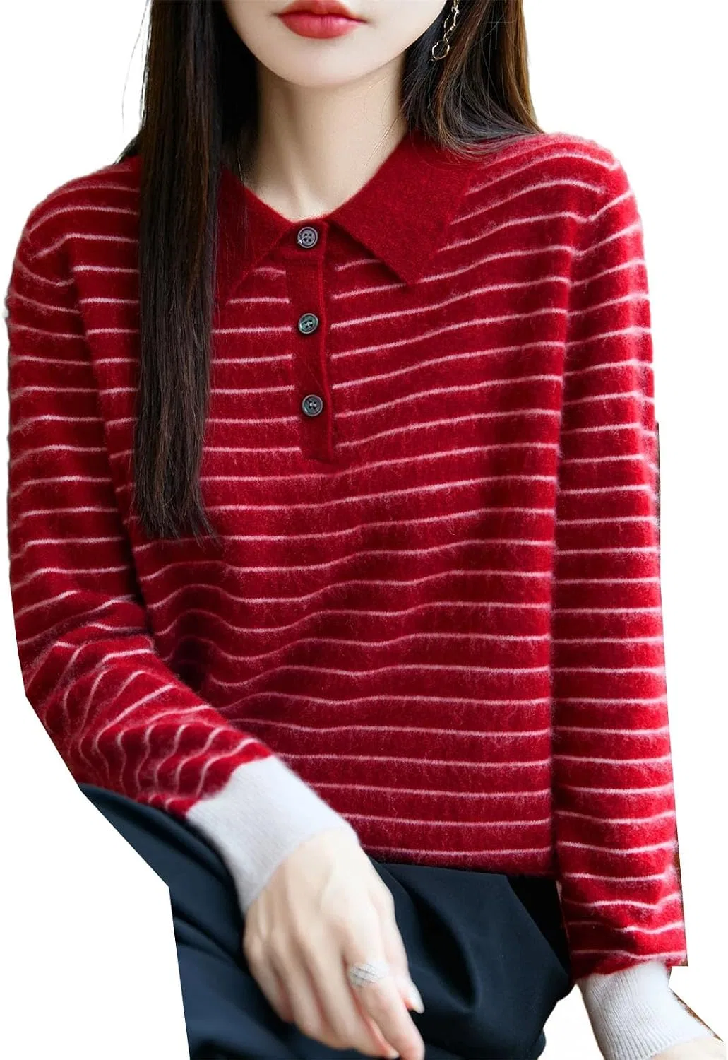 Женский пуловер с отложным воротником, полосатый, Merino Wool Sweater Polo Shirt Collar Striped Pullover, красный