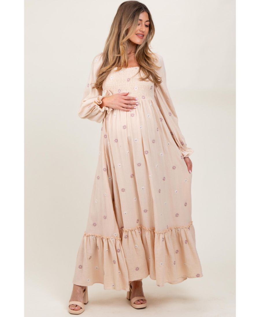 

Кремовое платье для беременных с длинными рукавами и цветочным принтом Pinkblush, Cream