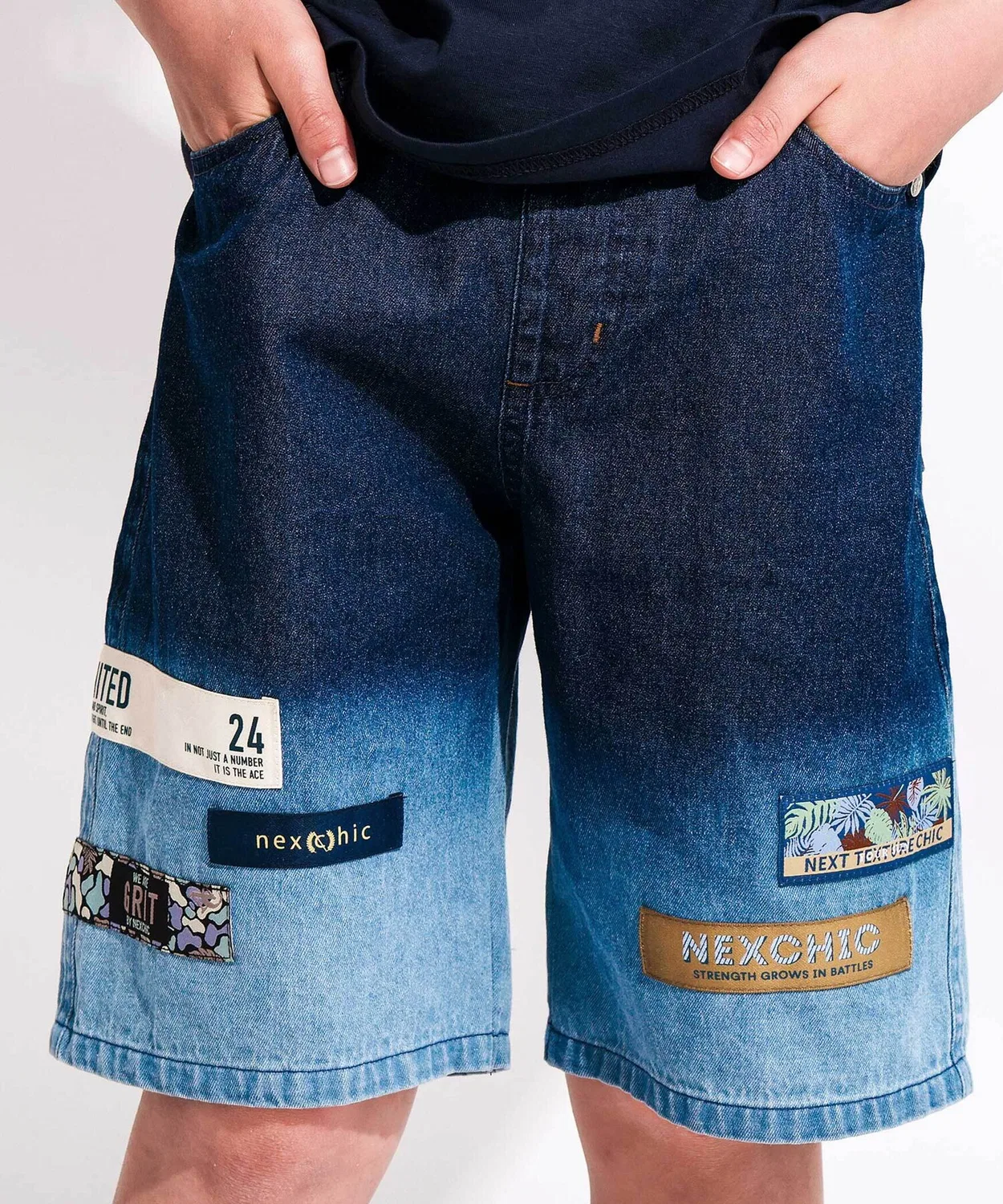 Детские шорты джинсовые с градиентом, модель Gradient Denim Wide Short Pants, nexchic, Navy — фото 3