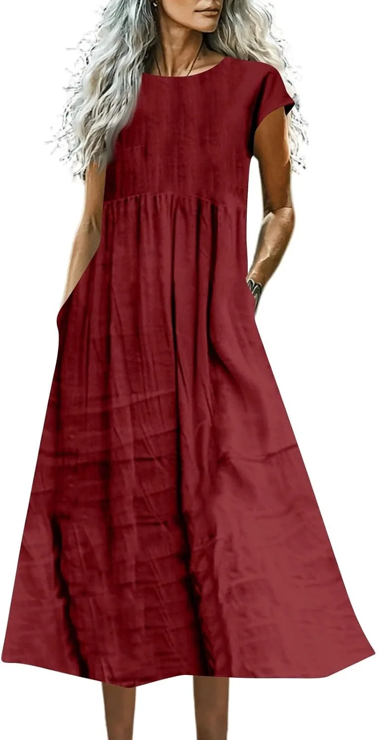 Женское летнее платье миди свободного кроя Linen, Red