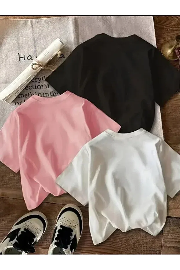 Детские футболки оверсайз с принтом 3 шт Elan Wear, Pink + Black + White — фото 2