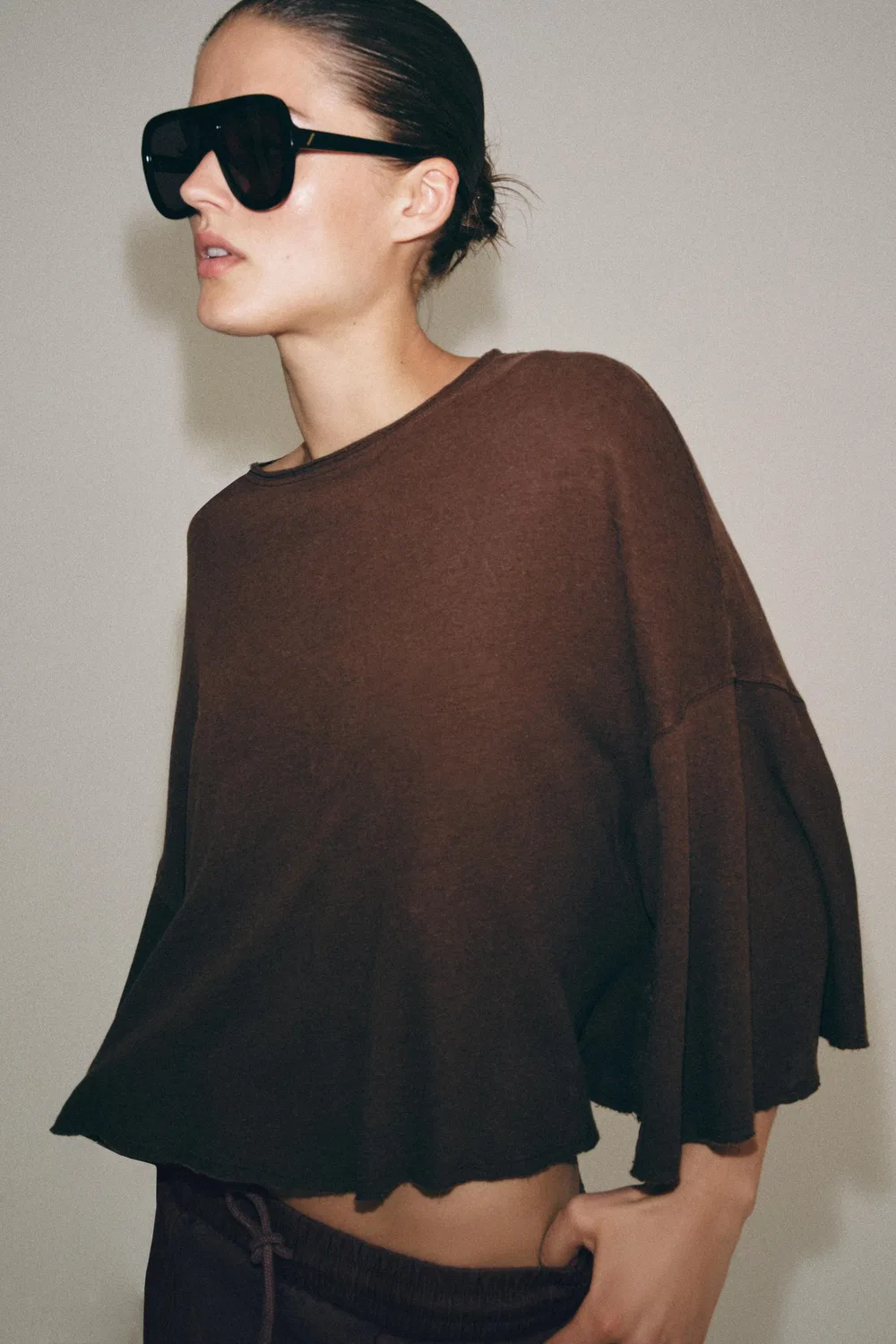 Футболка-накидка из хлопка и льна ZARA, Brown — фото 2