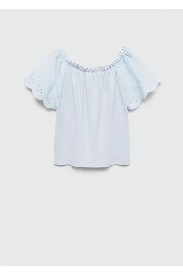 Детская футболка для девочек хлопковая Embroidered detailed t-shirt Mango Kids, Sky Blue — фото 2