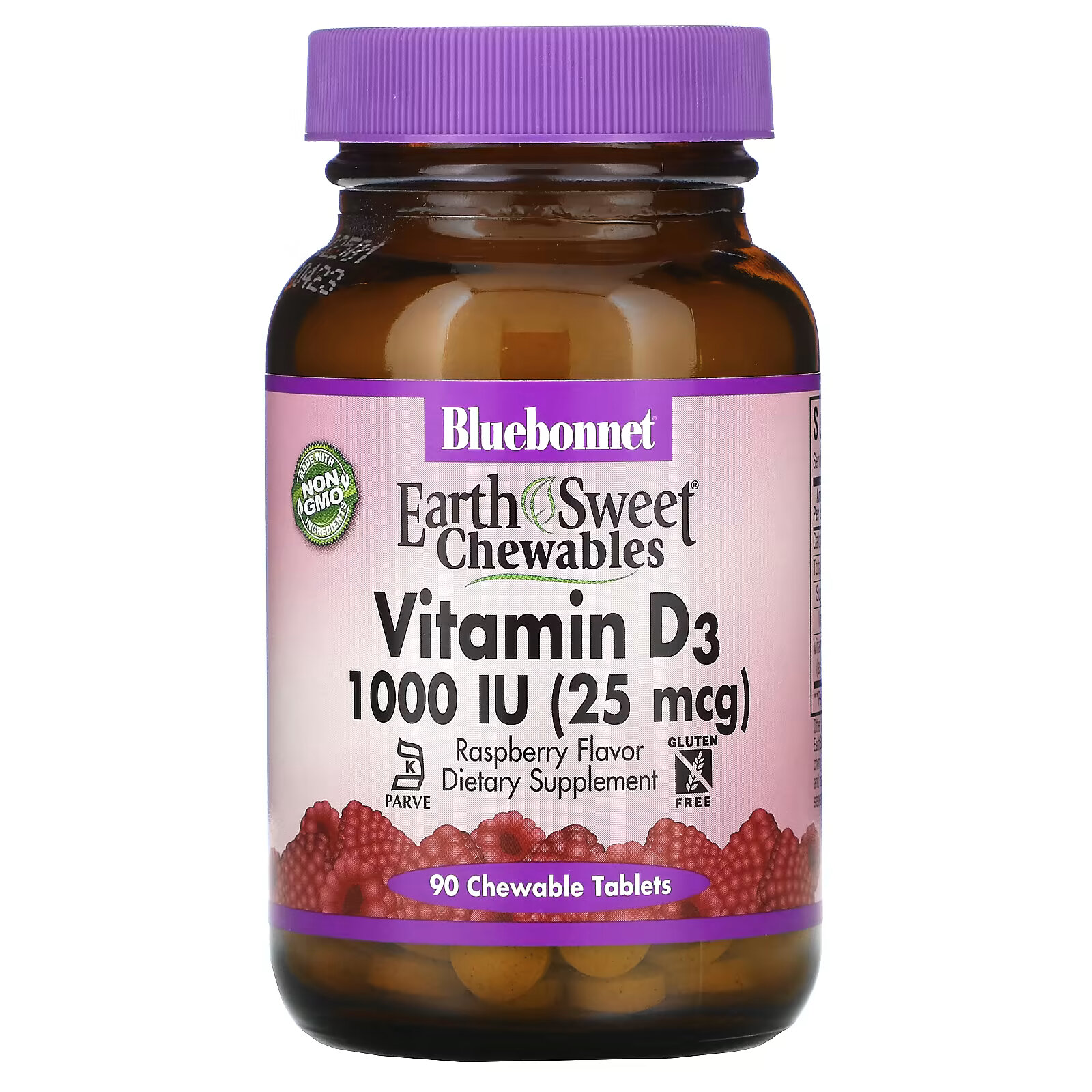 Bluebonnet Nutrition, EarthSweet Chewables, витамин D3, со вкусом малины, 25 мкг (1000 МЕ), 90 жевательных таблеток - фото