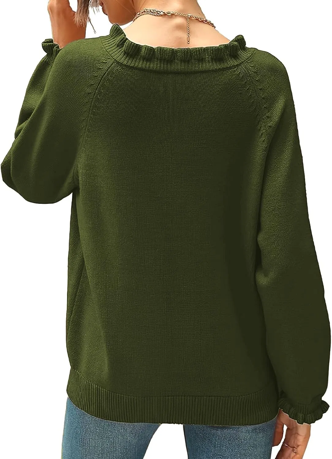 Женский свитшот с рюшами, модель Ruffle Sweaters, армейский зелёный — фото 4