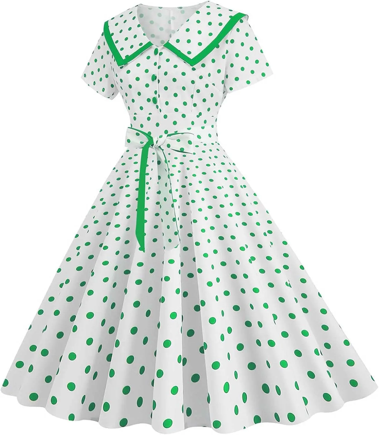 Женское миди-платье в горошек, в винтажном стиле, с короткими рукавами, воротником и поясом на талии, в стиле ретро-кэжуал 1950-х годов Generic, зеленый — фото 4